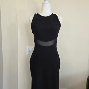 Adriana Papell Evening Gown Size 8 Black Bead Trim Mesh Mid Section Crossback